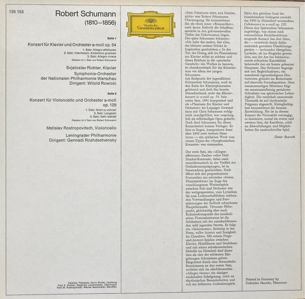 Robert Schumann - Sviatoslav Richter · Mstislav Rostropovich : Klavierkonzert • Cellokonzert (LP, RE)