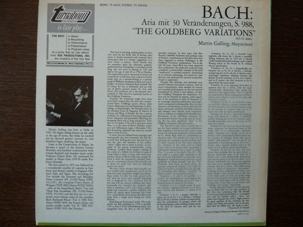 Bach*, Martin Galling : The Goldberg Variations (LP, Album, Uni)