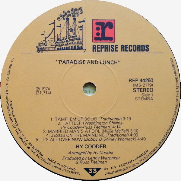Ry Cooder : Paradise And Lunch (LP, Album)