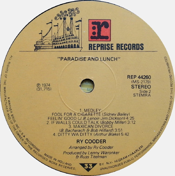 Ry Cooder : Paradise And Lunch (LP, Album)