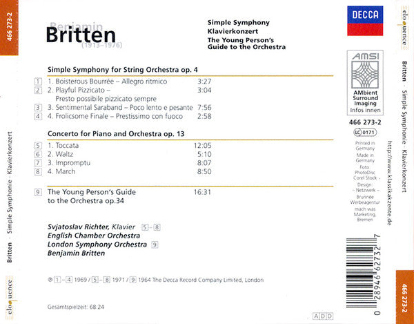 Benjamin Britten - Sviatoslav Richter, English Chamber Orchestra, Benjamin Britten : Simple Symphony • Klavierkonzert • The Young Person's Guide To The Orchestra (CD, Comp)
