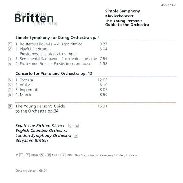 Benjamin Britten - Sviatoslav Richter, English Chamber Orchestra, Benjamin Britten : Simple Symphony • Klavierkonzert • The Young Person's Guide To The Orchestra (CD, Comp)