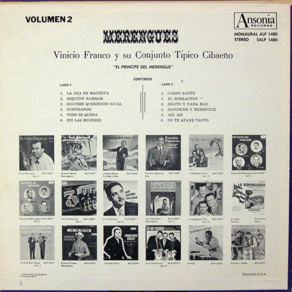 Vinicio Franco Y Su Conjunto Tipico Cibaeño : Merengues Volumen 2 (LP)