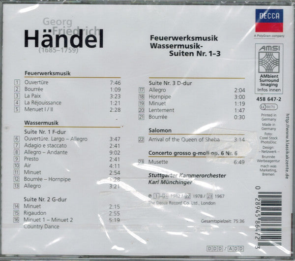 Georg Friedrich Händel - Stuttgarter Kammerorchester •  Karl Münchinger : Feuerwerksmusik / Wassermusik-Suiten Nr. 1-3 (CD, Comp, RM)