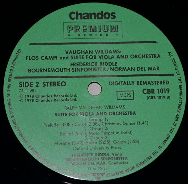 Ralph Vaughan Williams, Frederick Riddle, Bournemouth Sinfonietta, Norman Del Mar : Flos Campi - Suite For Viola & Orchestra (LP, RE, RM)