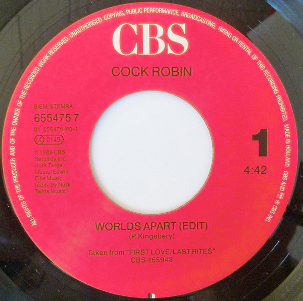 Cock Robin : Worlds Apart  (7", Single)