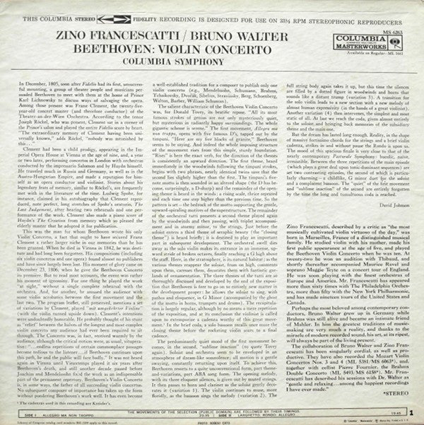 Zino Francescatti ‧ Bruno Walter, Beethoven*, Columbia Symphony* : Violin Concerto (LP, RP)