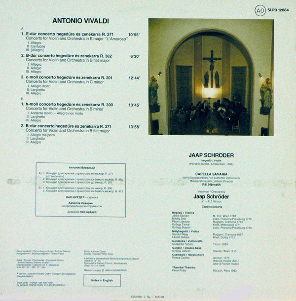 Vivaldi* - Jaap Schröder, Capella Savaria : 5 Concerti For Violin & Orchestra (LP, Album)