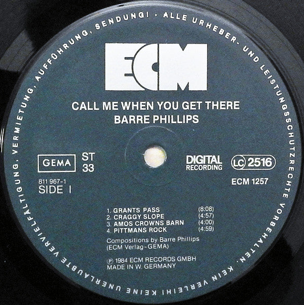 Barre Phillips : Call Me When You Get There (LP, Album)