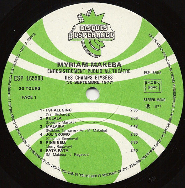 Myriam Makeba* : Enregistrement Public Au Theatre Des Champs Elysees (LP, Album)