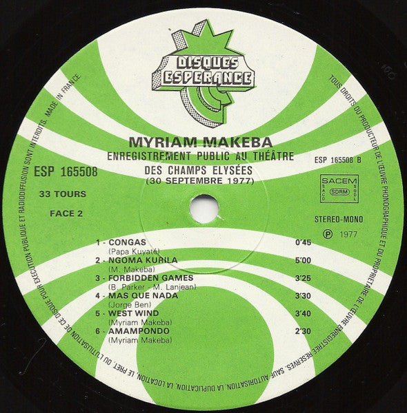 Myriam Makeba* : Enregistrement Public Au Theatre Des Champs Elysees (LP, Album)