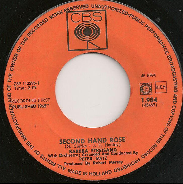 Barbra Streisand : Second Hand Rose / The Kind Of Man A Woman Needs (7", Single, Mono)