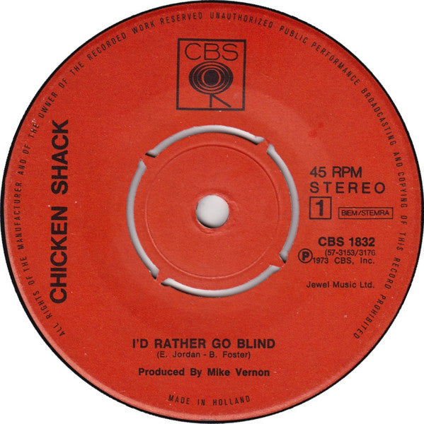 Chicken Shack Featuring Christine Perfect : I'd Rather Go Blind (7", Single)