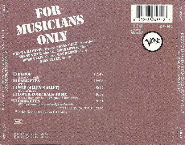 Dizzy Gillespie • Stan Getz • Sonny Stitt : For Musicians Only (CD, Album, RE, RM)