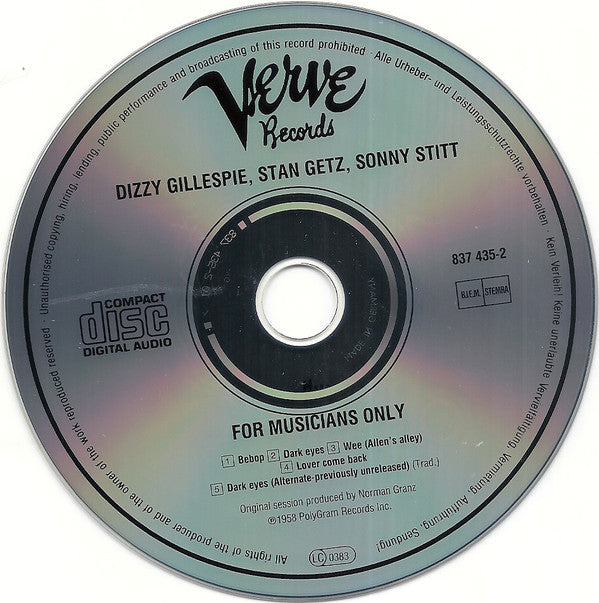 Dizzy Gillespie • Stan Getz • Sonny Stitt : For Musicians Only (CD, Album, RE, RM)