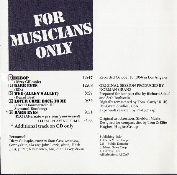 Dizzy Gillespie • Stan Getz • Sonny Stitt : For Musicians Only (CD, Album, RE, RM)