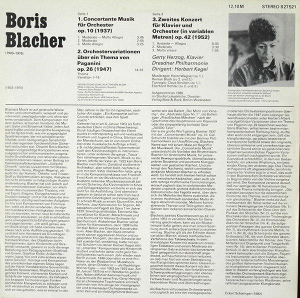 Boris Blacher / Gerty Blacher-Herzog , Klavier ‧ Dresdner Philharmonie ‧ Herbert Kegel : Concertante Musik Für Orchester Op. 10 ‧ Orchestervariationen Über Ein Thema Von Paganini Op. 26 ‧ Zweites Klavierkonzert Op. 42 (LP)