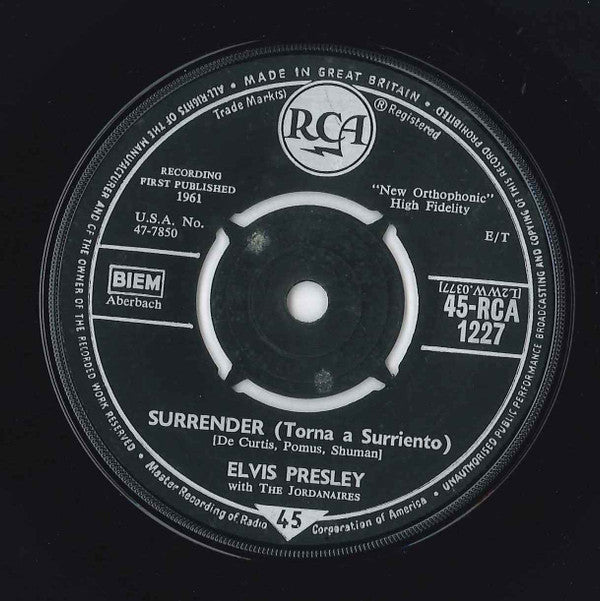 Elvis Presley With The Jordanaires : Surrender (Torna A Surriento) (7", Single)