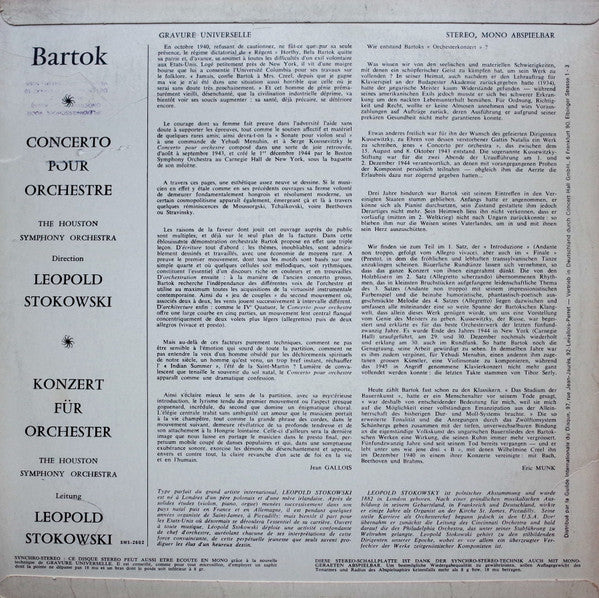 Béla Bartók, Houston Symphony Orchestra, Leopold Stokowski : Concerto For Orchestra (LP, Album)