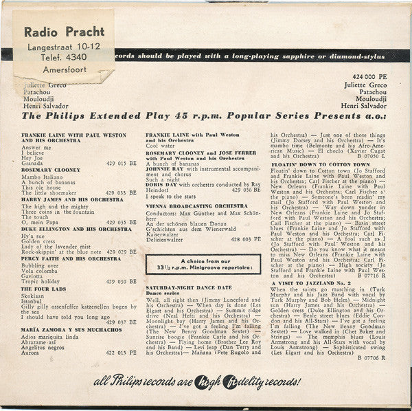 Juliette Gréco - Patachou - Mouloudji - Henri Salvador : Romance - Tire L'Aguille "Lai" "Lai" "Lai" - Elle S'Appelait Marie - L'Abeille Et Le Papillon (7", EP, Comp)