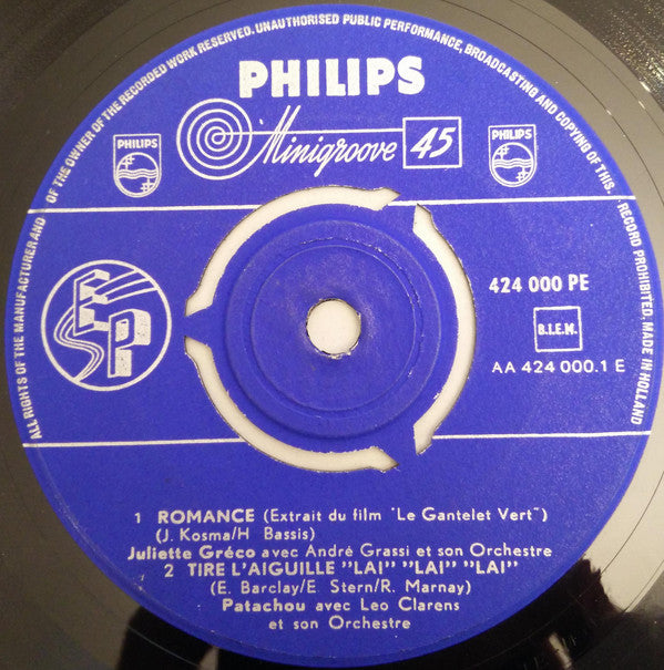 Juliette Gréco - Patachou - Mouloudji - Henri Salvador : Romance - Tire L'Aguille "Lai" "Lai" "Lai" - Elle S'Appelait Marie - L'Abeille Et Le Papillon (7", EP, Comp)