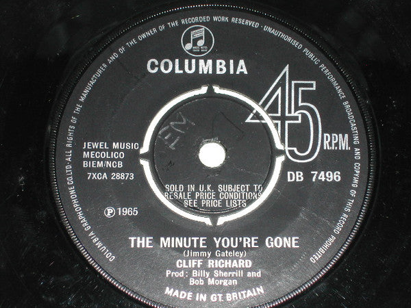 Cliff Richard : The Minute You're Gone (7", Single, Pus)