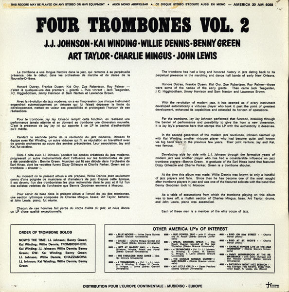 John Lewis (2) - Charles Mingus - J.J. Johnson - Kai Winding - Bennie Green - Willie Dennis : Four Trombones Volume 2 (LP, Album, RE)
