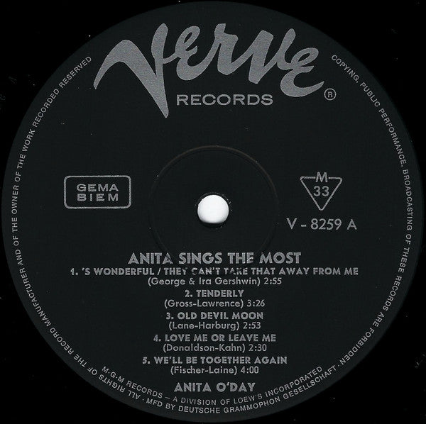 Anita O'Day And The Oscar Peterson Quartet : Anita Sings The Most (LP, Album, Mono, RE)