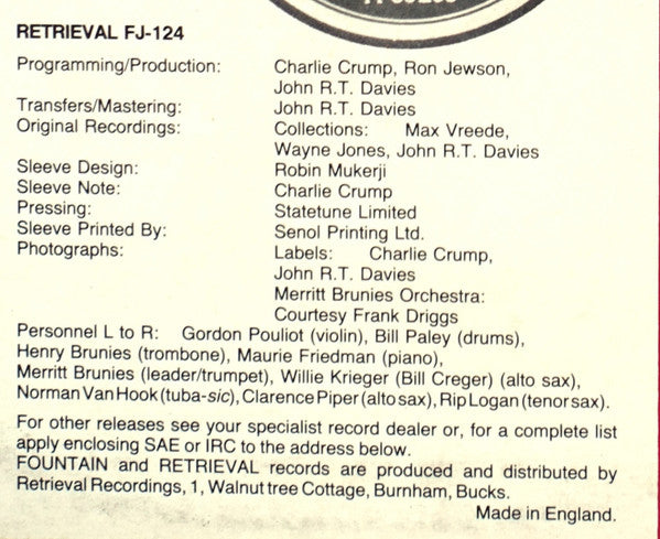 Merritt Brunies & His Friars Inn Orchestra : 1924-26 (LP, Comp)