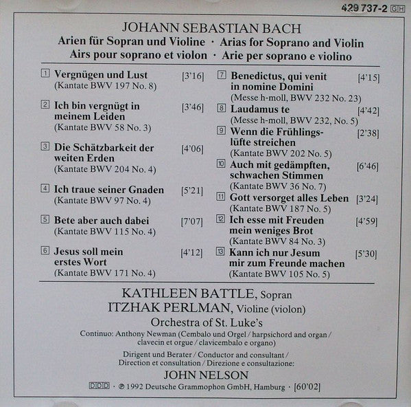 Johann Sebastian Bach, Kathleen Battle, Itzhak Perlman, Orchestra Of St. Luke's, John Nelson (5) : Arias (CD, Album)