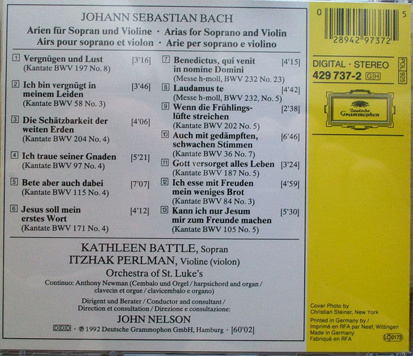Johann Sebastian Bach, Kathleen Battle, Itzhak Perlman, Orchestra Of St. Luke's, John Nelson (5) : Arias (CD, Album)