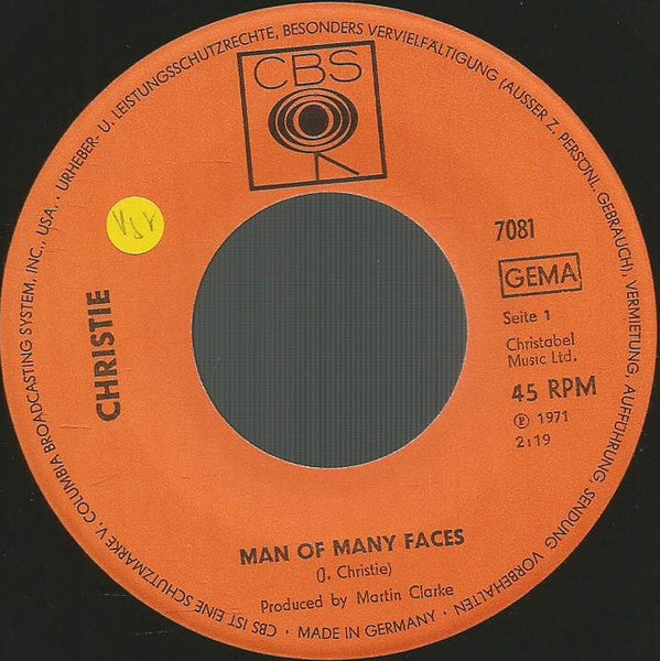 Christie : Man Of Many Faces / Country Sam (7", Single)