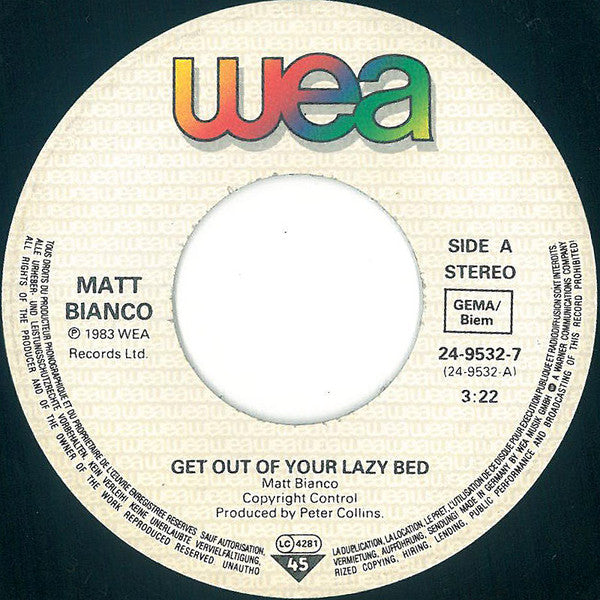 Matt Bianco : Get Out Of Your Lazy Bed (7", Single, Top)