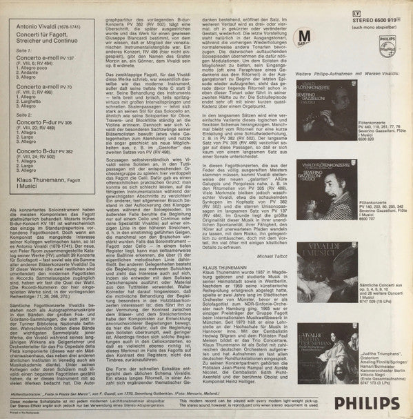 Antonio Vivaldi  -  Klaus Thunemann / I Musici : Konzerte Für Fagott, Streicher Und Continuo (PV 137, 70, 305 & 382) (LP)
