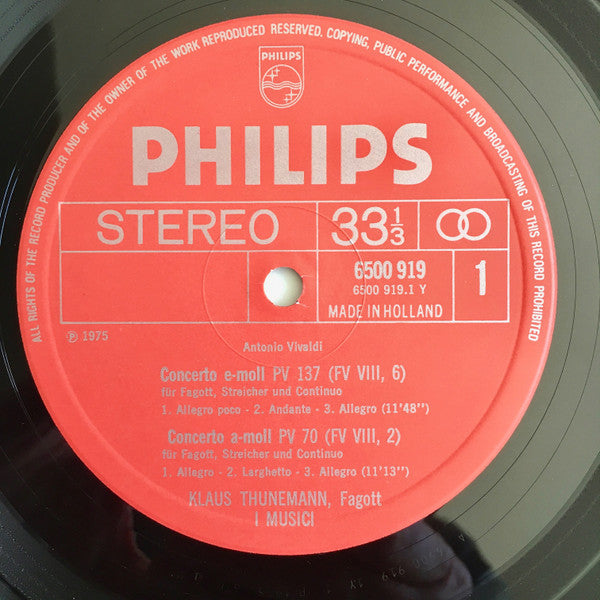 Antonio Vivaldi  -  Klaus Thunemann / I Musici : Konzerte Für Fagott, Streicher Und Continuo (PV 137, 70, 305 & 382) (LP)