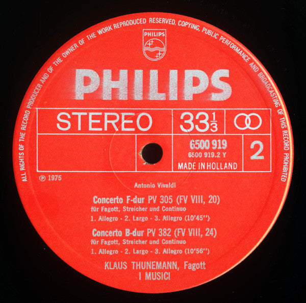 Antonio Vivaldi  -  Klaus Thunemann / I Musici : Konzerte Für Fagott, Streicher Und Continuo (PV 137, 70, 305 & 382) (LP)