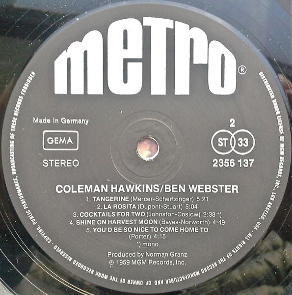 Coleman Hawkins, Ben Webster : In Memoriam (LP, Album, RE)