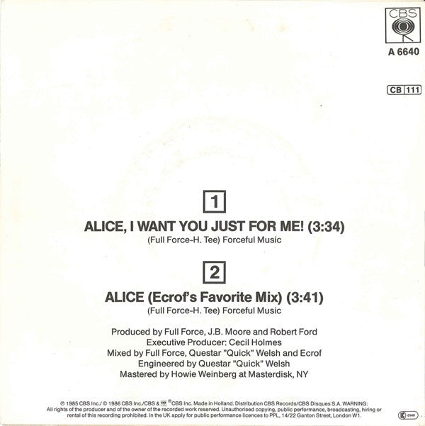 Full Force : Alice, I Want You Just For Me (7", Single)