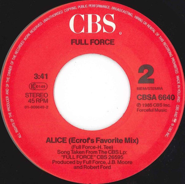Full Force : Alice, I Want You Just For Me (7", Single)