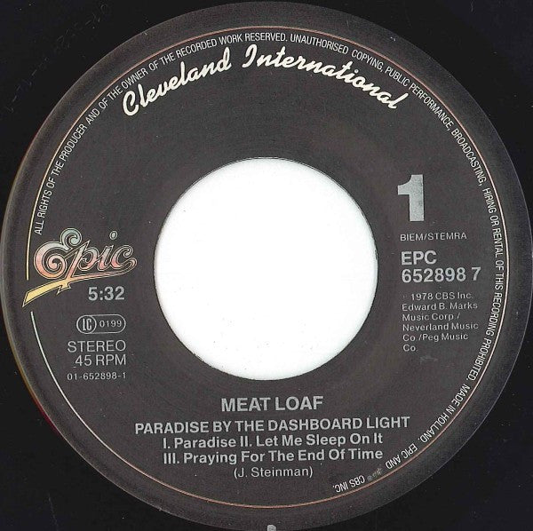 Meat Loaf : Paradise By The Dashboard Light (7")
