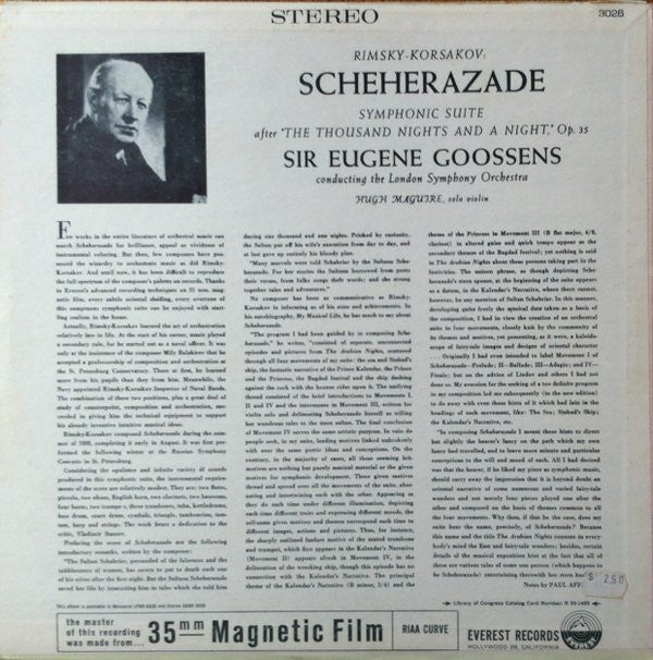 Nikolai Rimsky-Korsakov - Sir Eugene Goossens, London Symphony Orchestra : Scheherazade (Symphonic Suite After "The Thousand Nights And A Night"), Op.35 (LP, Album, RP)