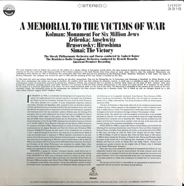 Peter Kolman, Ilja Zeljenka, Ivan Hrušovský, Pavol Šimai : A Memorial To The Victims Of War (LP, Ste)