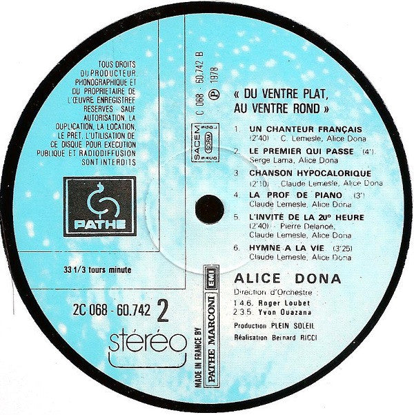 Alice Dona : Du Ventre Plat, Au Ventre Rond (LP, Album)