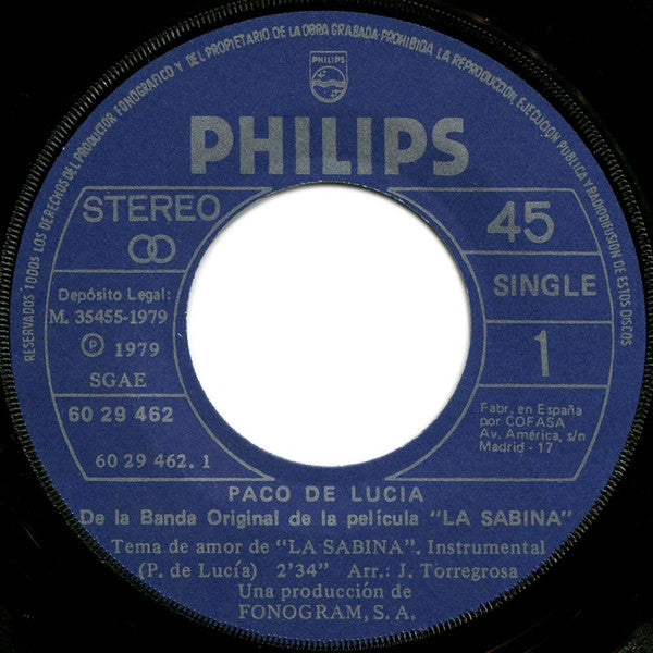 Paco De Lucía : Tema De Amor (Banda Sonora Original De La Película "La Sabina") (7", Single)