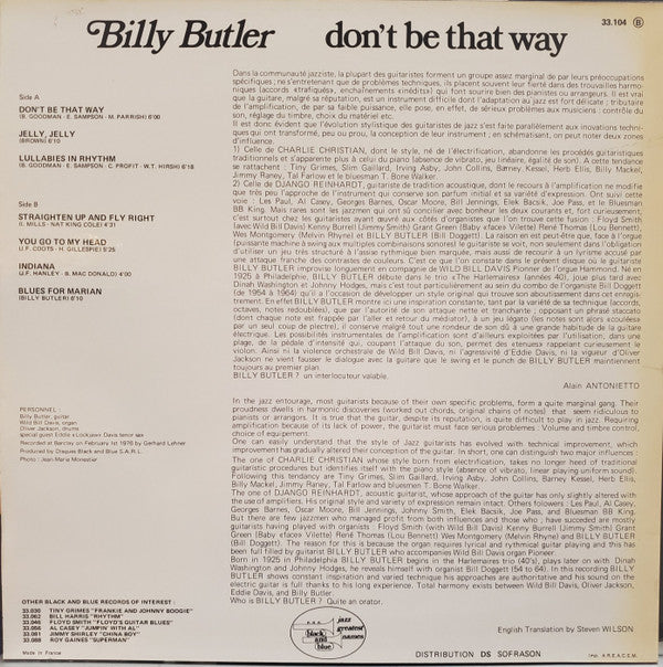 Billy Butler (3) : Don't Be That Way (LP, Album)