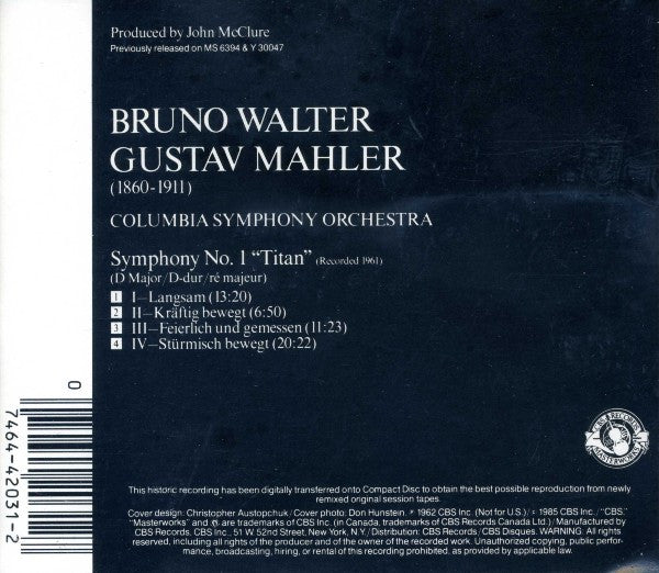 Bruno Walter, Gustav Mahler - Columbia Symphony Orchestra : Symphony No. 1 "Titan" (CD, RE, RM)