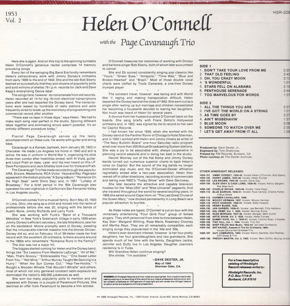 Helen O'connell With The Page Cavanaugh Trio : The Uncollected Vol. 2 1953 (LP, Album, Mono, RE)