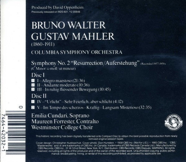 Gustav Mahler, Bruno Walter, Emilia Cundari, Maureen Forrester, Westminster Choir, New York Philharmonic : Symphony No. 2 "Resurrection" (2xCD, RE, RM)