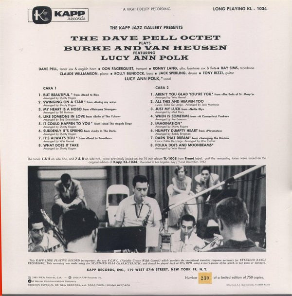 Dave Pell Octet Featuring Lucy Ann Polk : The Dave Pell Octet Plays Burke And Van Heusen (LP, Album, Mono, Ltd, Num, RE, gat)