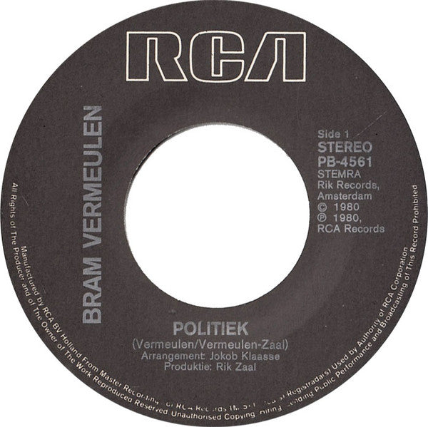 Bram Vermeulen : Politiek (7", Single)